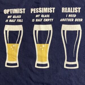 Men's Beer Glass Humor Tee XL Optimist, Pessimist, Realist — with Beer! Navy